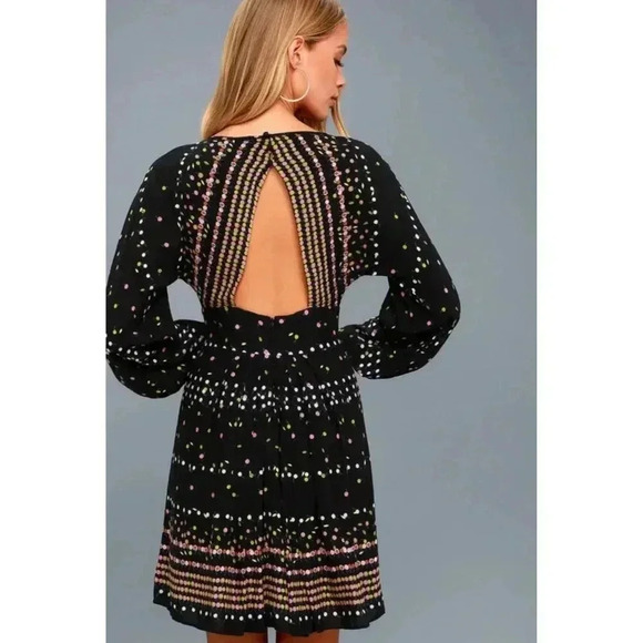 Free People Coryn Print Long Sleeve Open Back Mini Dress Black Multicolor Sz 4 - Picture 4 of 10